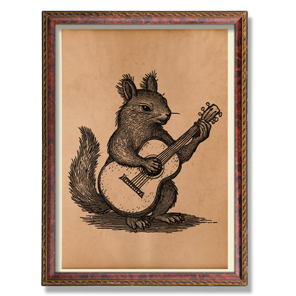 Squirrel playing guitar print Antique animal decor