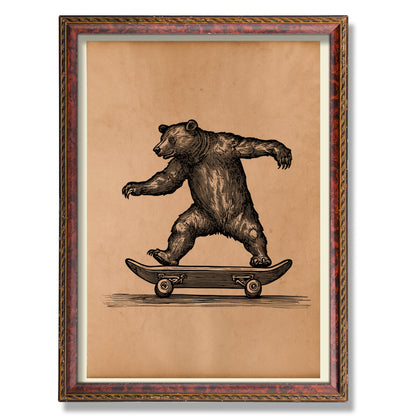 Bear on skateboard print Vintage Whimsical poster