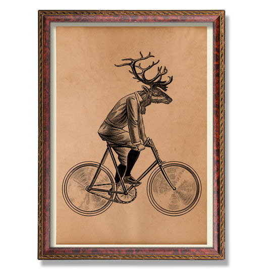 Cycling Deer print Steampunk decor Vintage poster