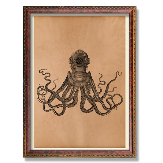 Diver Octopus wall art Vintage print