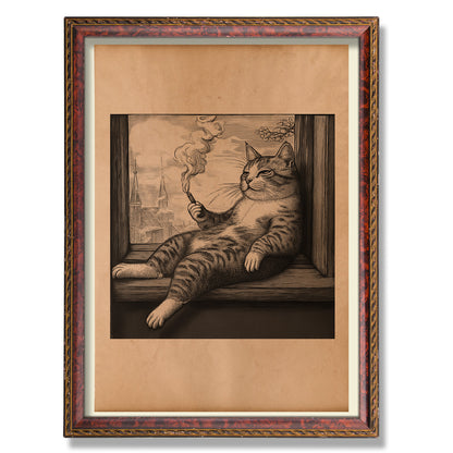 Smoking cat decor Antique poster Steampunk print